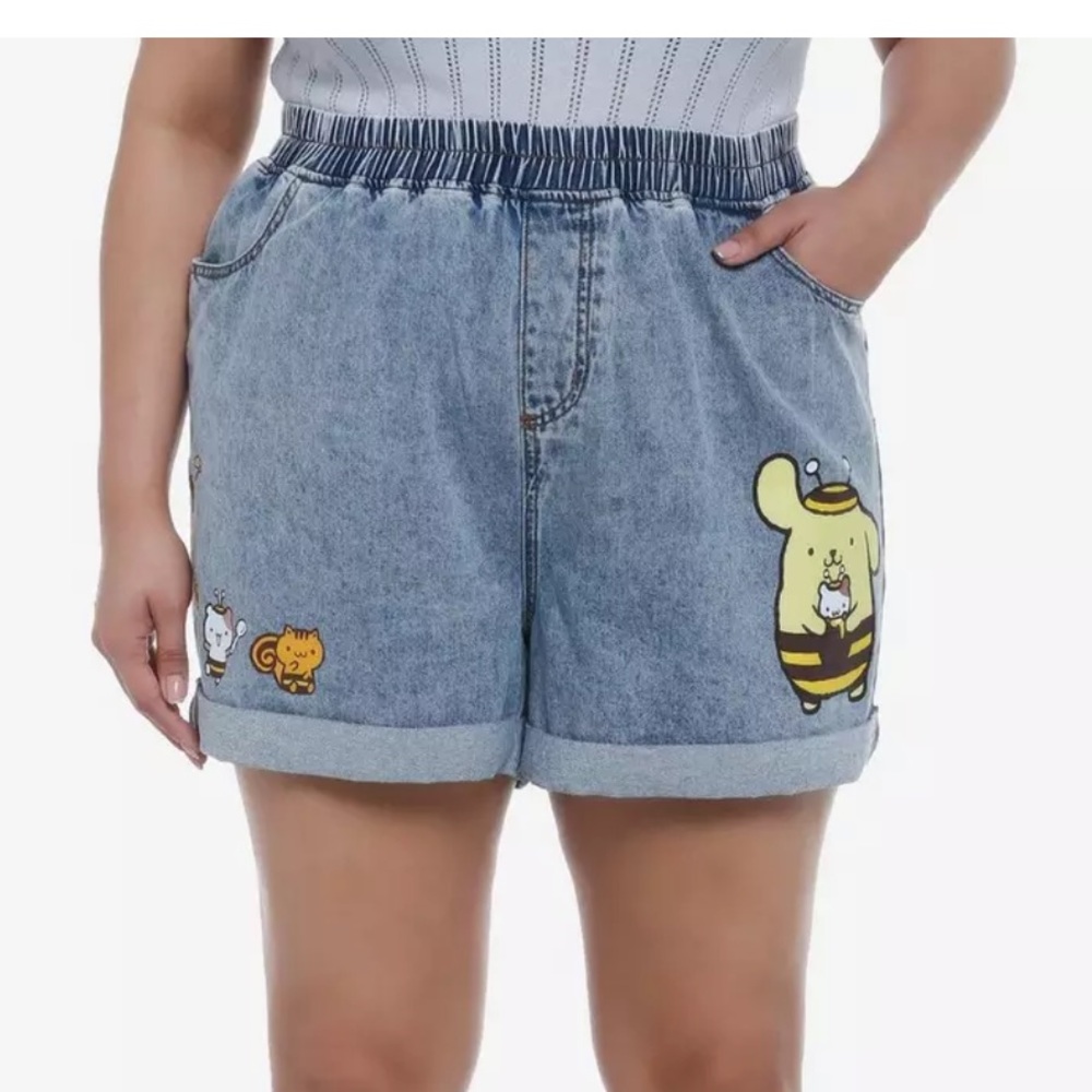 Sanrio pompompurin honey elastic high waisted denim shorts size 4